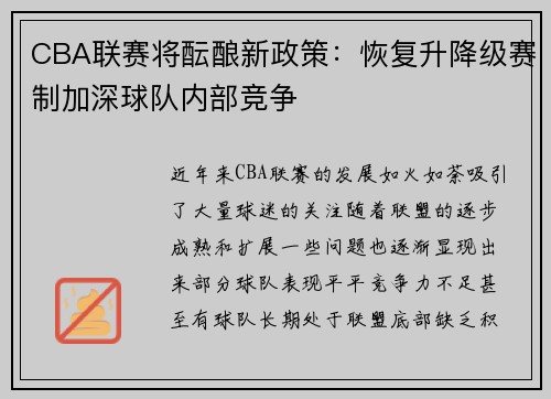 CBA联赛将酝酿新政策：恢复升降级赛制加深球队内部竞争