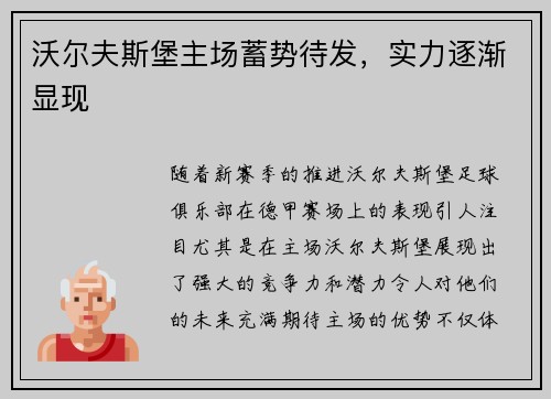 沃尔夫斯堡主场蓄势待发，实力逐渐显现