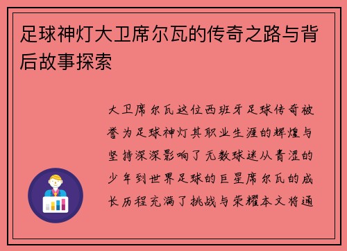 足球神灯大卫席尔瓦的传奇之路与背后故事探索